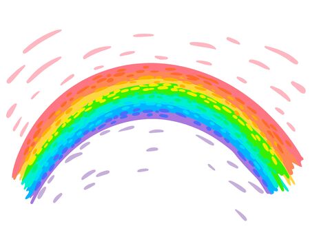 Rainbow of seven colors, strokes along the rainbow, children drawing, bright stripes, vector cartoon flat illustration, isolated object on white backgroundのイラスト素材