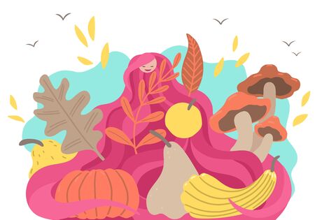 Fall portrait and leaf fall, hand drawn drawings of woman character, vector bright illustration in cartoon flat style, designe illustration of sale banner.のイラスト素材