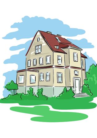 Cottage, lawn and blue sky on the background. Vector bright sketch illustrationのイラスト素材