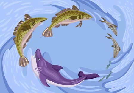 Fish hunt for fish, feeding of underwater animals, wild sea predators, sea waves, gyre. Vector flat cartoon illustration. Hand drawingのイラスト素材