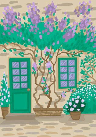 Tree growing on the wall of a stone house, flowers in a pot, flower beds and shrubs with flowers. Entrance from the house to the coast. Warm country. Vector flat cartoon concept illustration.のイラスト素材