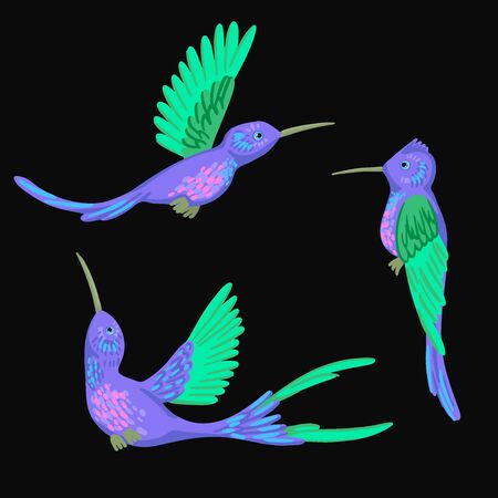 Bright little bird hummingbird flies and sits, a set of isolated oblects. Vector cartoon flat style illustration.のイラスト素材