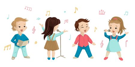 A girl sings into a microphone, a boy with a notebook performs a song or reads a speech, the children in the choir perform on stage. Vector flat cartoon illustration, isolated charactersのイラスト素材
