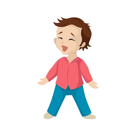 A boy at school, sings at a music lesson, a children hobby, read words, speak a speech. Vector character in cartoon flat style on a white backgroundのイラスト素材