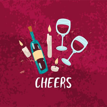 Cheers wine glasses with bottle and candles. Vector illustration conceptのイラスト素材