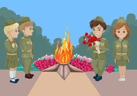 Young people in military uniform stand at the eternal flame. Vector illustrationのイラスト素材