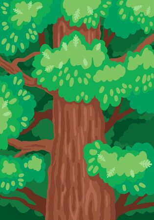 Oak tree trunk with green foliage. Vector illustrationのイラスト素材