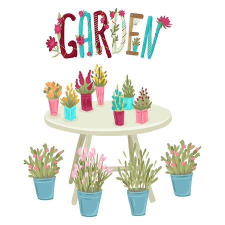 Table with a set of potted plants. Lettering Garden. Vector cartoon illustrationのイラスト素材