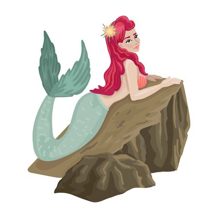 Mermaid lies on a stone in the sea. Vector illustrationのイラスト素材