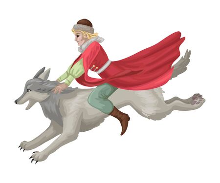 Russian folk tale with man rides wolf. Vector illustrationのイラスト素材