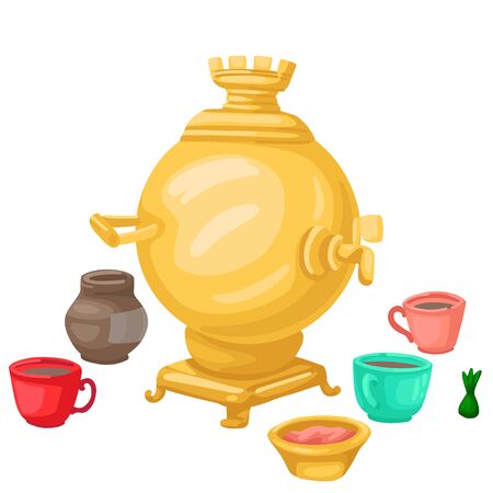 Russian samovar with cups of tea. Vector illustrationのイラスト素材