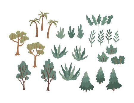 Set of green trees, palms, bushes. Vector cartoon illustrationのイラスト素材