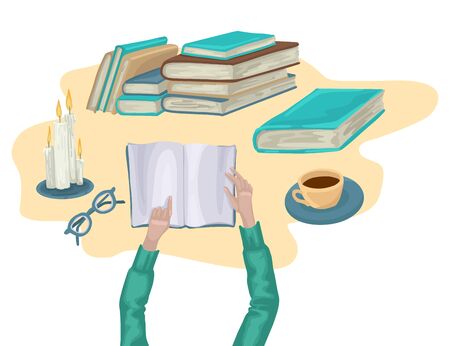 Hands holding book. Pile of books and burning candles on table. Vector illustration.のイラスト素材