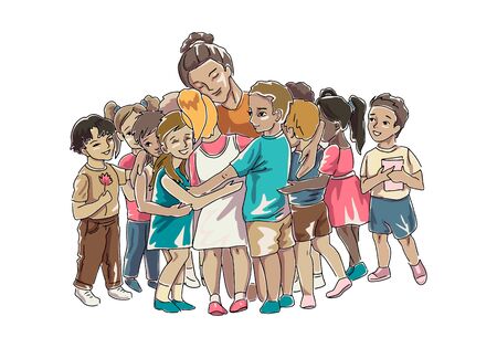 Children hugging their teacher or educator sitting down. Vector isolated illustrationのイラスト素材