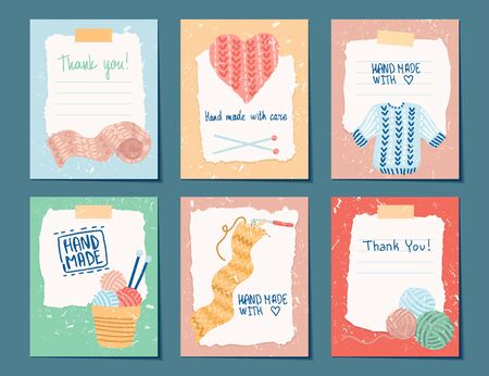 Needlework handmade card templates. Labels or tags for hand made goods. Made with love. Yarn and knitting. Crafts workshop. Vector cartoon illustration conceptのイラスト素材