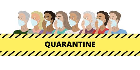 The inscription Quarantine on the white background, scared people in face masks. The covid-19 pandemic in the world. Vector illustrationのイラスト素材