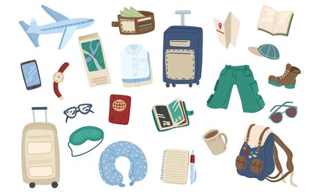 Set of travel items. Collection of icons for holiday or journey. Baggage, luggage and suitcases. Isolated on white background. Vector cartoon illustrationのイラスト素材
