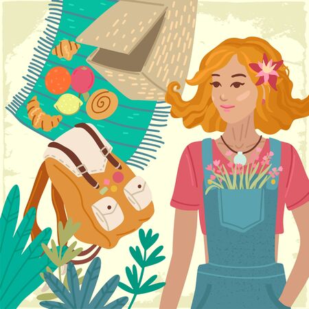 Summer card. Recreation on open air. Tourism. Vector illustration conceptのイラスト素材