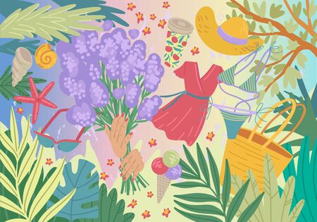 Card with women things for summer. Vacation. Vector illustration concept
