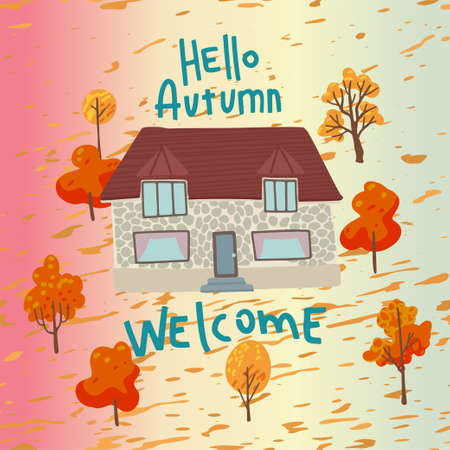 Autumn landscape, house and yellow trees, rain. Square vector postcard. Cartoon print design.のイラスト素材