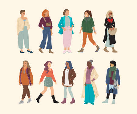 Different races and nationalities of women. A set of characters. Banner design, people illustration.のイラスト素材