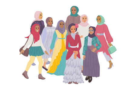 Arab women, girls with headscarves, oriental women. A set of different characters. Vector illustration, banner design.のイラスト素材