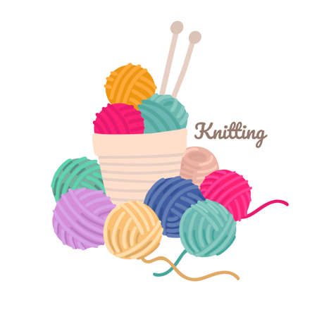 Basket with colored yarn balls and knitting needles. Vector illustrationのイラスト素材