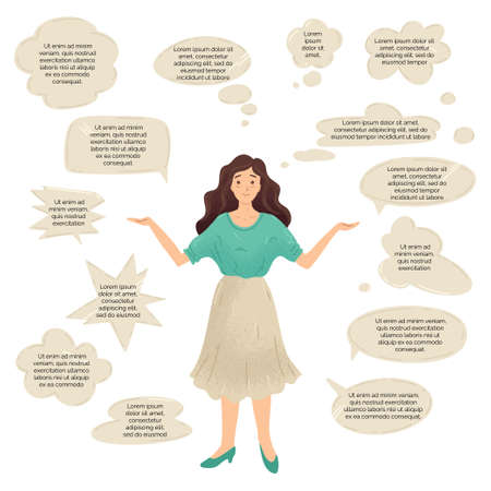 Woman around thoughts bubbles. Thinking of choice.. Vector illustrationのイラスト素材