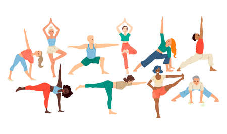 People in different poses, yoga asanas. Bright silhouettes on a white background. Vector illustrationのイラスト素材
