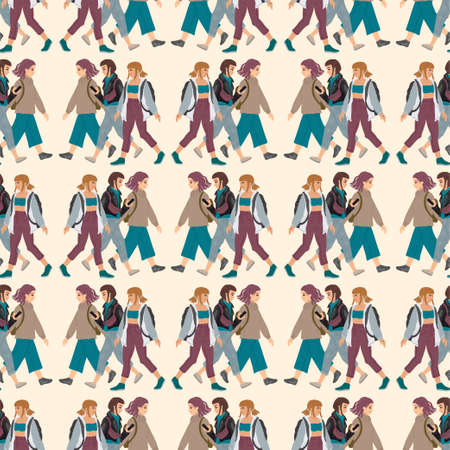 Seamless pattern of Female friends are walking, viewing the phone, chatting and communicating with friends. Women teens pattern. Vector illustration.のイラスト素材