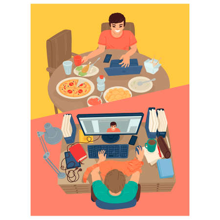 Two men communicate from home via video connection from computers. Chat with a friend. Remote work....