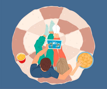 Man and girl on a date, romantic evening, watching a movie and flowers. Hobbie at home. Vector illustration.のイラスト素材