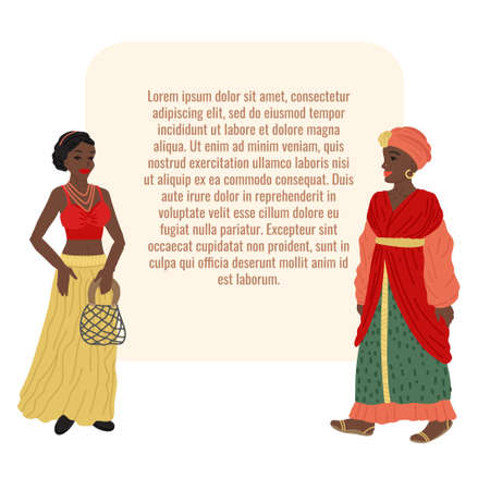 Women of black African race, in traditional dresses, bright cartoon characters. Insert your text. Banner design, vector illustrationのイラスト素材