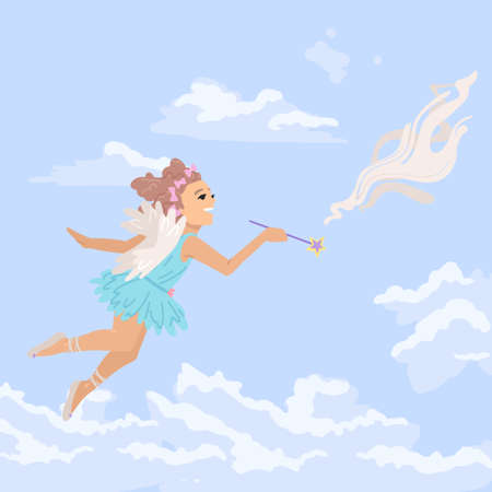 Girl dressed as a fairy, little angel flies in the sky, a little sorceress in the clouds. Vector character illustration. Cartoon style.のイラスト素材