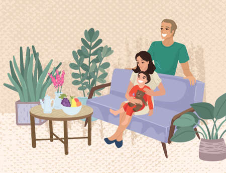 Family with a child at home. Mom dad and little son. Plants in the interior. Vector illustration.のイラスト素材