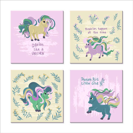 Unicorns. Childrens illustrations, collection of square postcards. Designs for girls childrens prints. Vector cartoon illustrationのイラスト素材