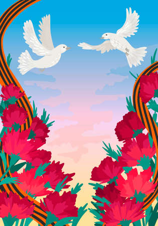 Victory Day May 9 in Russia. Pigeons in the sky, a symbol of peace. Carnations and St. George ribbon. Vector flat drawingのイラスト素材