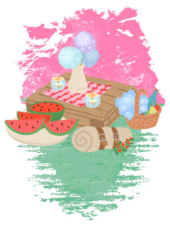 Picnic food. Wooden table with flowers and glasses with drink. Vector cartoon illustrationのイラスト素材