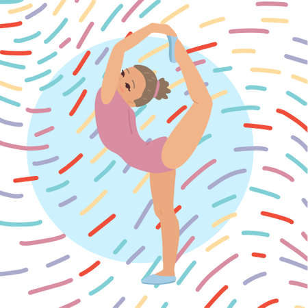 Girl gymnast, acrobatic pose, twine, holds her leg over her head. Vector banner design, illustration with character. Vector drawing in cartoon styleのイラスト素材