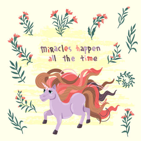 Unicorn with flowers and Inscription. Cute cartoon isoleted pony on background. A jumping unicorn with a long mane. Kids vector illustration.のイラスト素材