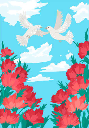 Couple of white doves kisses in the sky, a symbol of peace and love, greeting card for the wedding. Vector illustrationのイラスト素材