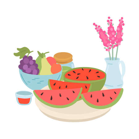 Watermelon and fruits on plate. Isolated on white. Vector cartoon illustrationのイラスト素材