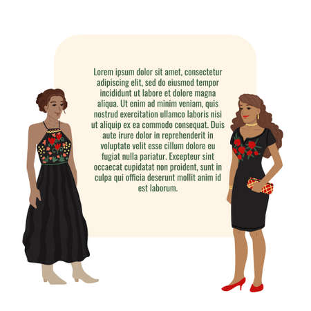 Mexican women, girls in traditional costumes. Embroidered dresses. Vector illustration for your text. Cartoon characters.のイラスト素材