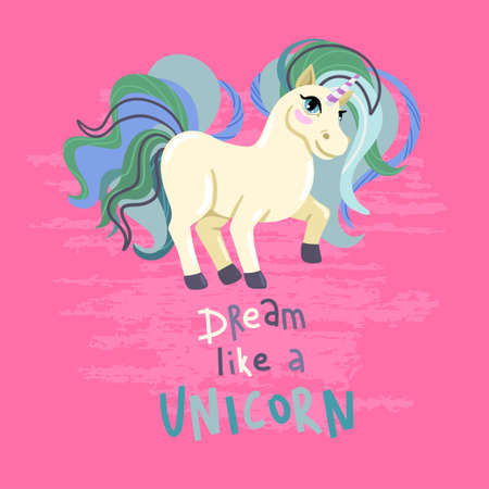 Unicorn Lettering: Dream like a unicorn. Magic horse, childrens illustration on a pink background. Vector cartoon drawingのイラスト素材