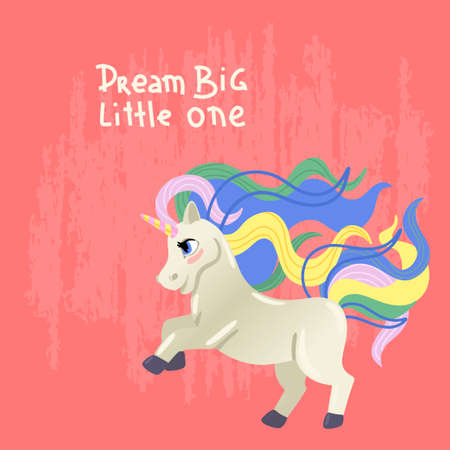Unicorn with a colored mane. The magic pony is jumping. Children s illustration. Vector print with an inscription.のイラスト素材