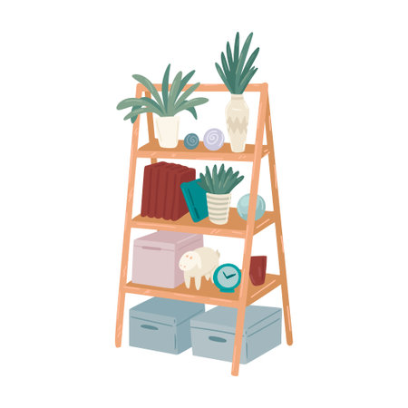Bookcase, ladder shelf with flowers and books, Interior design element, wooden furniture, Scandinavian style. Vector simple object flat cartoon styleのイラスト素材