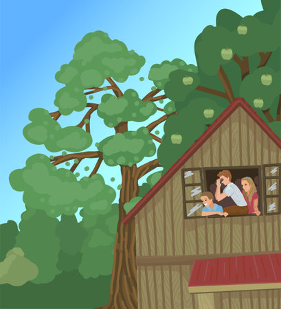 The attic of a wooden house, an open window, children playing with detectives, binoculars. Vector childrens illustration. Cartul flat drawing styleのイラスト素材