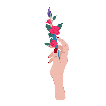 Hand with brush and flowers. Creativity symbol, drawing process, artists hand. Print design, decoration element. Vector cartoon flat illustrationのイラスト素材
