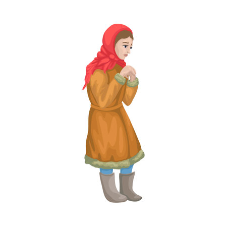 Unhappy sad frozen girl, beggar, poor, hungry orphan. Cartoon fairy tail character. Vector isolated illustration.のイラスト素材