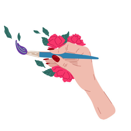 Hand with brush and flowers. Creativity symbol, drawing process, artists hand. Print design, decoration element. Vector cartoon flat illustrationのイラスト素材
